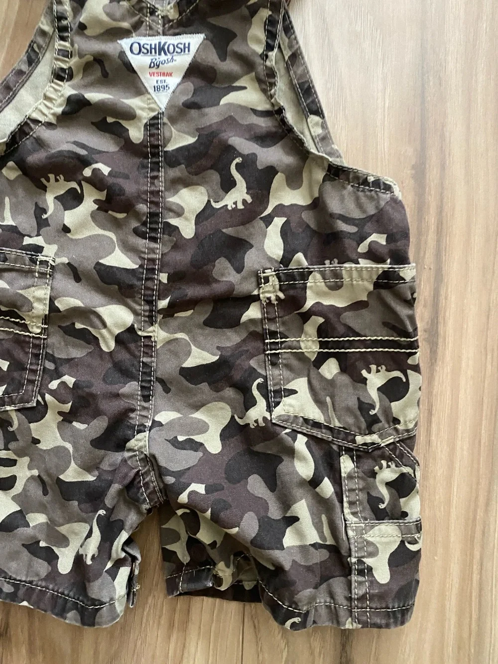 OshKosh B'gosh Boys Camo With Dinosaur’s Overall Shortalls Size 6 Months